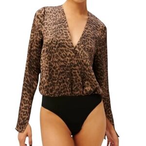 Good American Satin Wrap Bodysuit  New Top Shirt Black Jaguar Size 3